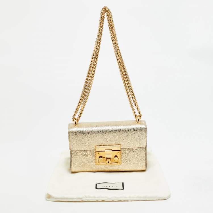 Pre Owned Gucci Padlock Small Gold Crinkled Leather Shoulder Bag