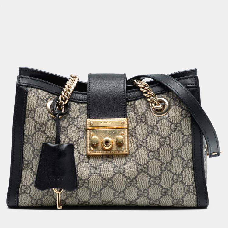 Pre Owned Gucci Black Brown Small GG Supreme Padlock Tote