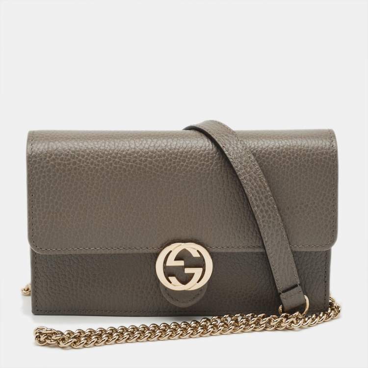 Pre Owned Gucci Interlocking G Grey Leather Wallet on Chain