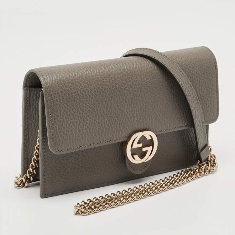 Pre Owned Gucci Interlocking G Grey Leather Wallet on Chain
