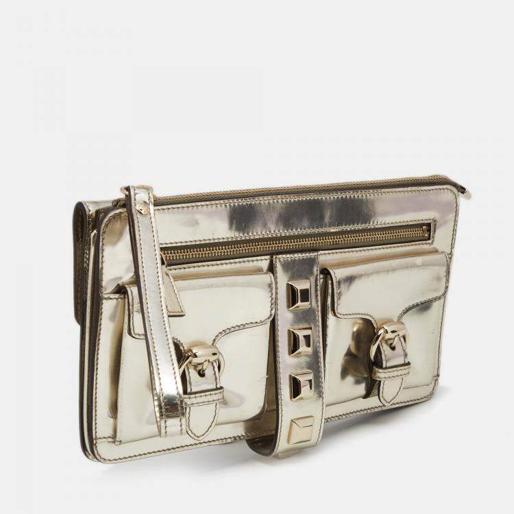 Pre Owned Gucci Light Gold Patent Leather Studded Evening Wristlet