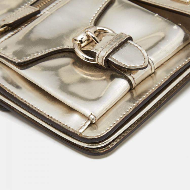 Pre Owned Gucci Light Gold Patent Leather Studded Evening Wristlet