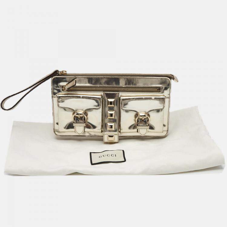 Pre Owned Gucci Light Gold Patent Leather Studded Evening Wristlet