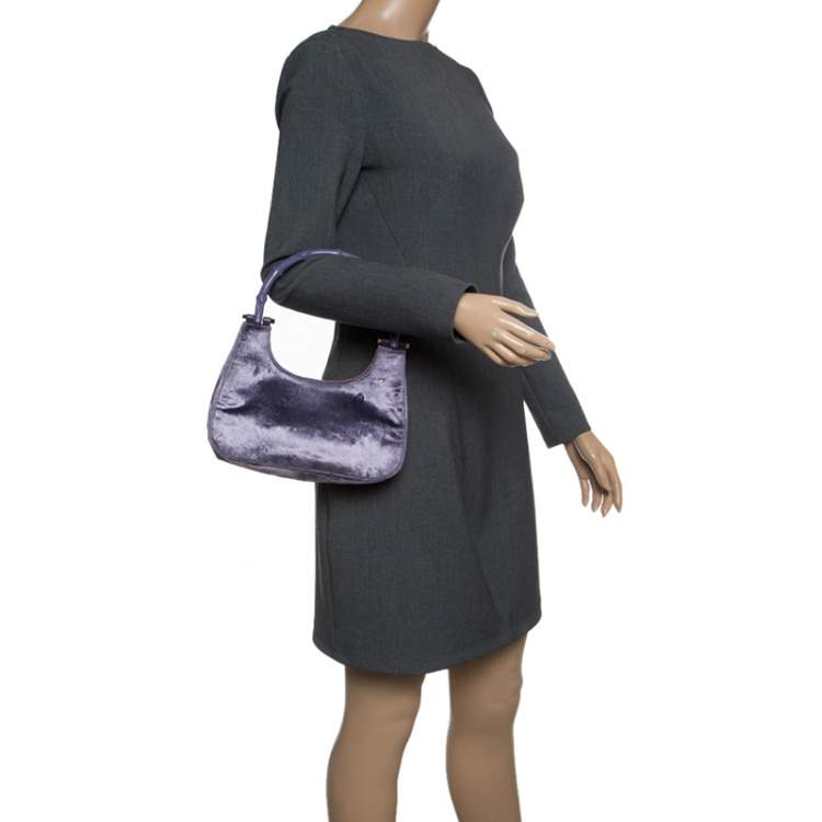 Pre Owned Gucci Purple Velvet Bamboo Top Handle Bag
