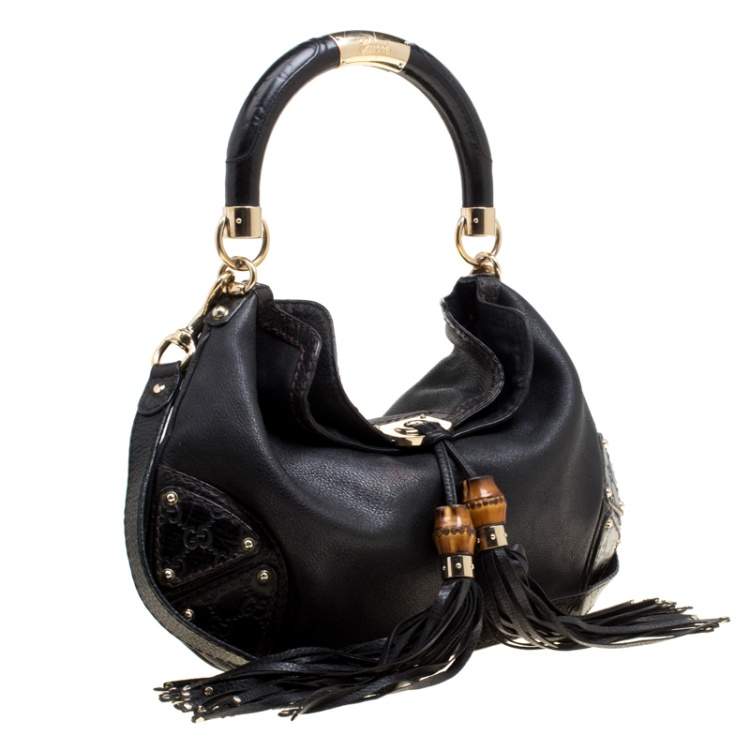 Pre Owned Gucci Black Leather Medium Indy Top Handle Bag