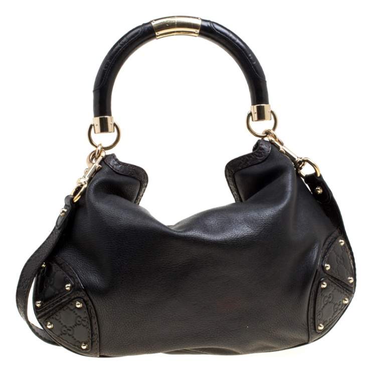 Pre Owned Gucci Black Leather Medium Indy Top Handle Bag