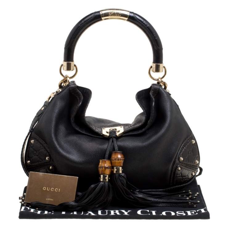 Pre Owned Gucci Black Leather Medium Indy Top Handle Bag