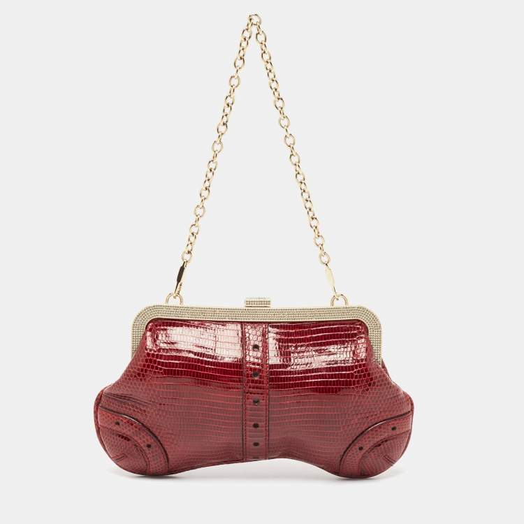 Pre Owned Gucci Burgundy Lizard Crystal Frame Clutch