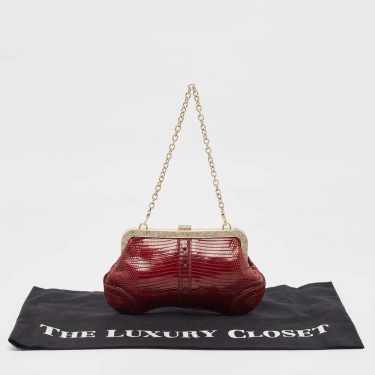 Pre Owned Gucci Burgundy Lizard Crystal Frame Clutch