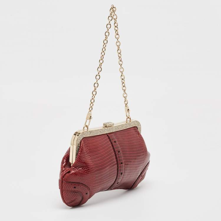 Pre Owned Gucci Burgundy Lizard Crystal Frame Clutch