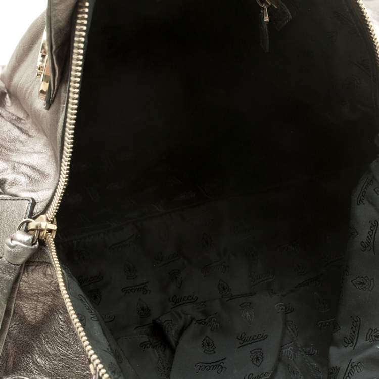 Pre Owned Gucci Metallic Grey Leather Large Hysteria Top Handle Bag