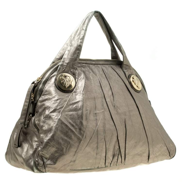 Pre Owned Gucci Metallic Grey Leather Large Hysteria Top Handle Bag