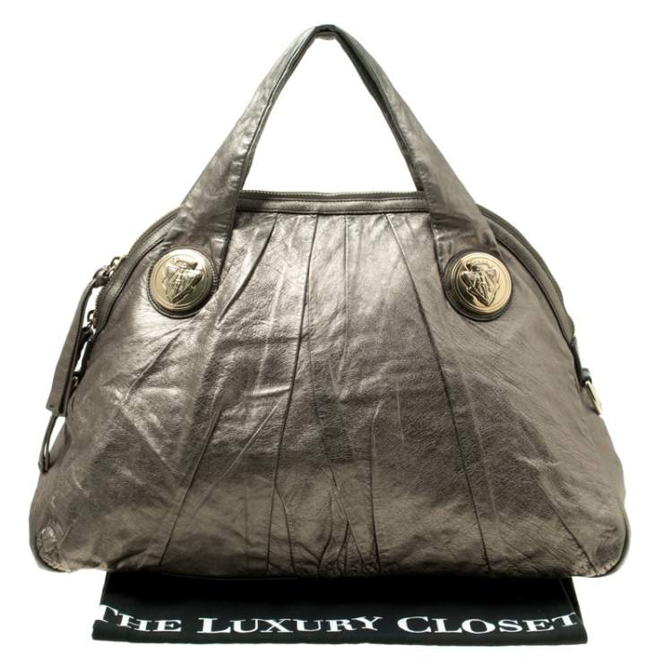 Pre Owned Gucci Metallic Grey Leather Large Hysteria Top Handle Bag