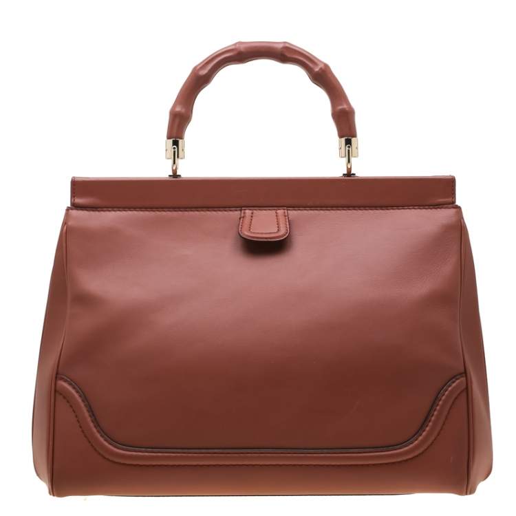 Pre Owned Gucci Solid Peach Leather Bold Bamboo Top Handle Bag
