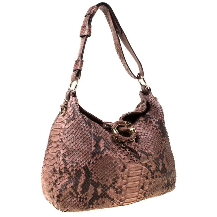 Pre Owned Gucci Brown Python Leather Medium G Wave Hobo