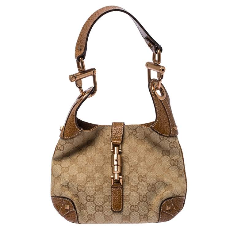 Gucci Nailhead Jackie Hobo Bag Tan Leather Beige Ebony GG Monogram