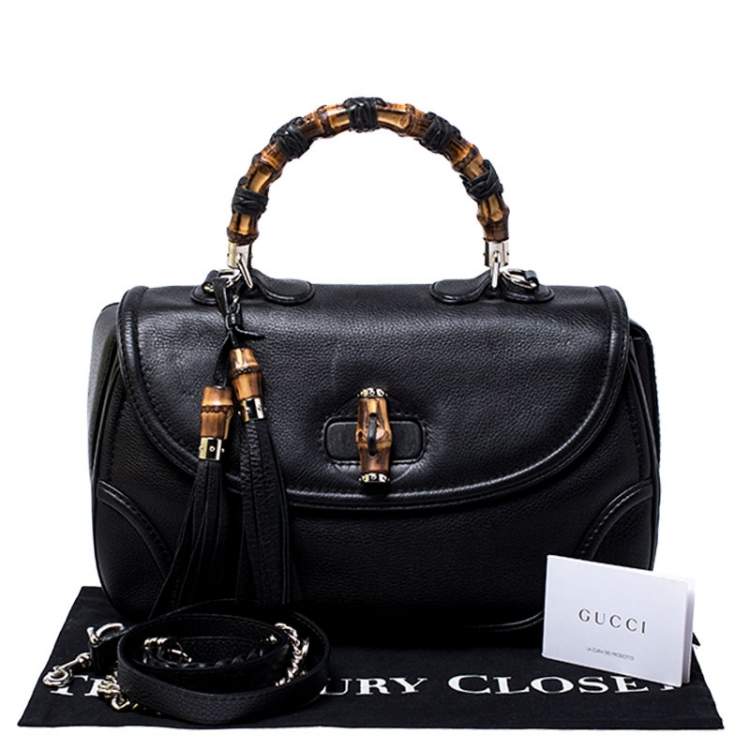 Pre Owned Gucci Black Leather Large New Bamboo Tassel Top Handle Bag