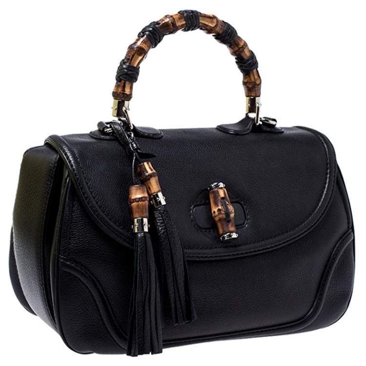 Pre Owned Gucci Black Leather Large New Bamboo Tassel Top Handle Bag