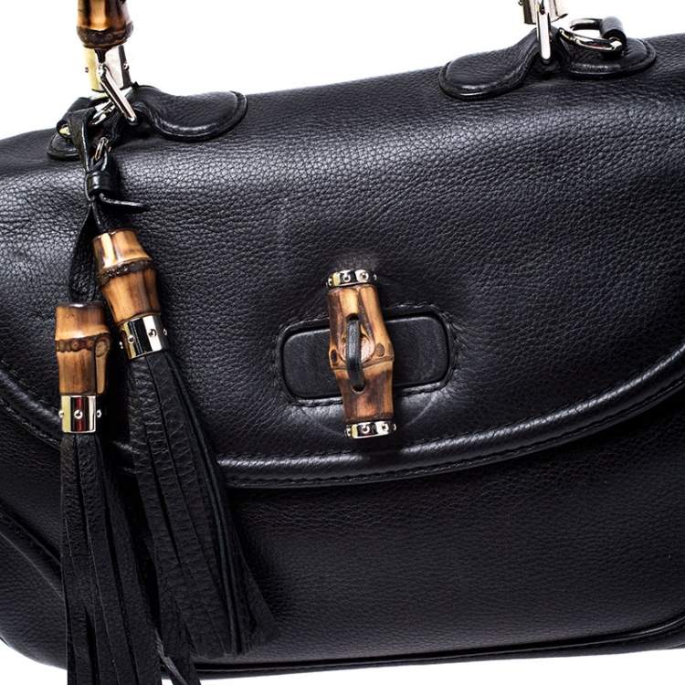 Pre Owned Gucci Black Leather Large New Bamboo Tassel Top Handle Bag