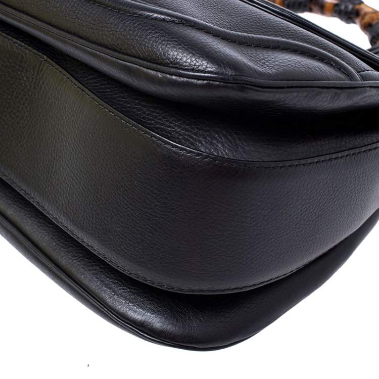 Pre Owned Gucci Black Leather Large New Bamboo Tassel Top Handle Bag