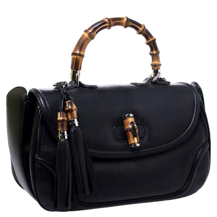 Pre Owned Gucci Black Leather Large New Bamboo Tassel Top Handle Bag
