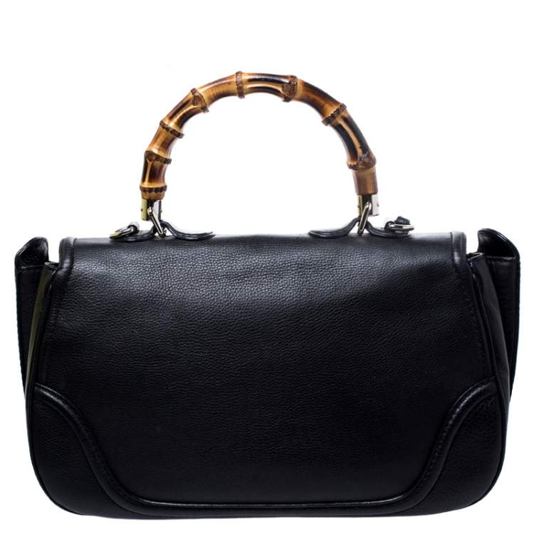 Pre Owned Gucci Black Leather Large New Bamboo Tassel Top Handle Bag