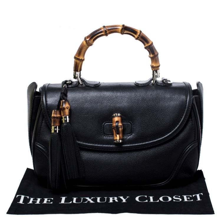 Pre Owned Gucci Black Leather Large New Bamboo Tassel Top Handle Bag