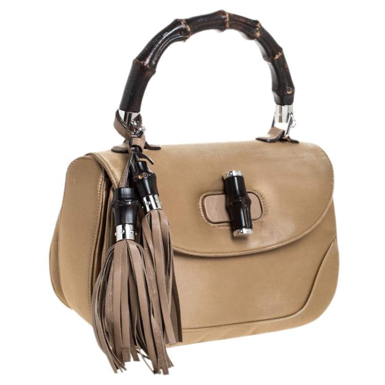 Pre Owned Gucci Gold Satin and Leather Bamboo Top Handle Bag