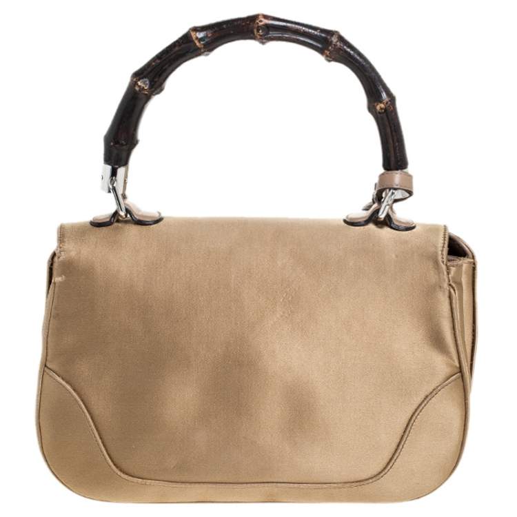 Pre Owned Gucci Gold Satin and Leather Bamboo Top Handle Bag