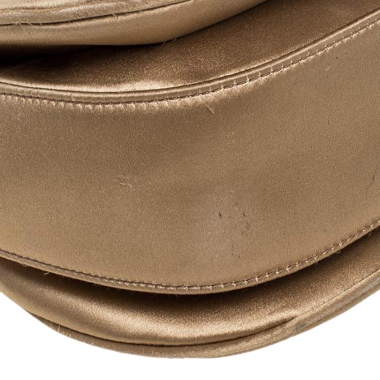 Pre Owned Gucci Gold Satin and Leather Bamboo Top Handle Bag