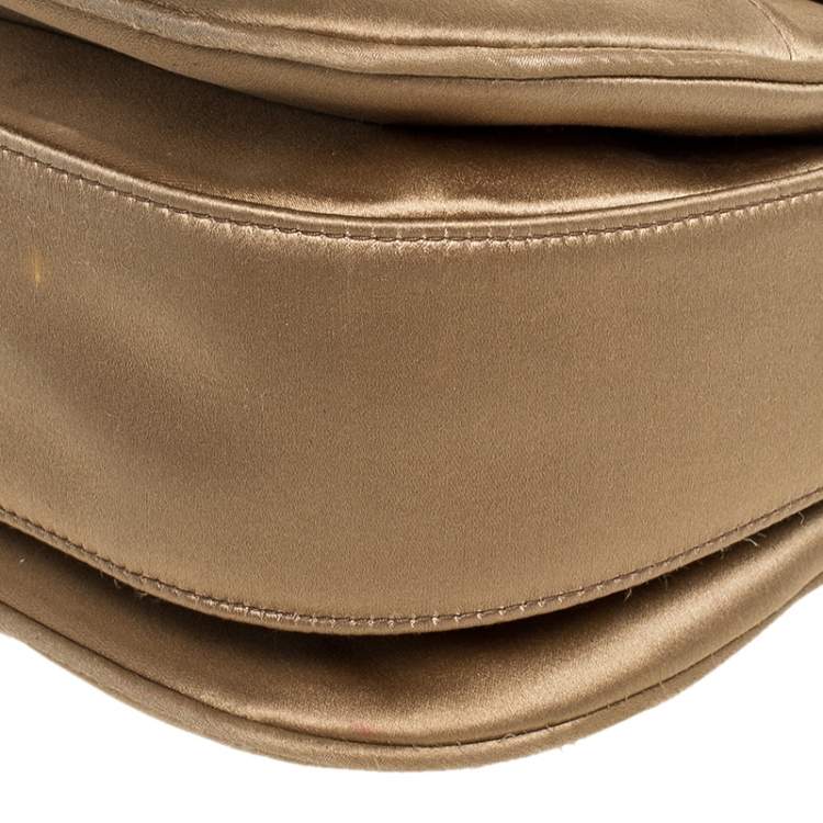 Pre Owned Gucci Gold Satin and Leather Bamboo Top Handle Bag
