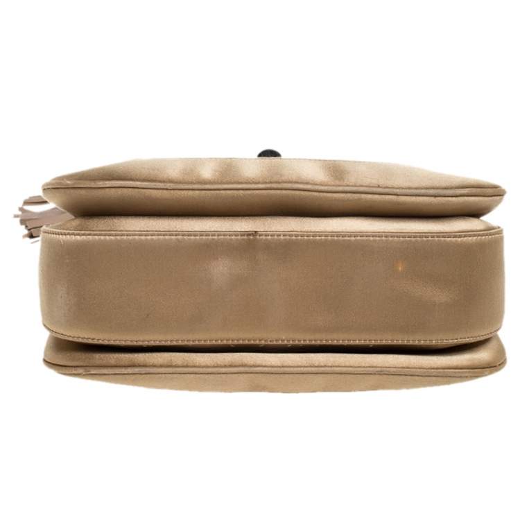 Pre Owned Gucci Gold Satin and Leather Bamboo Top Handle Bag