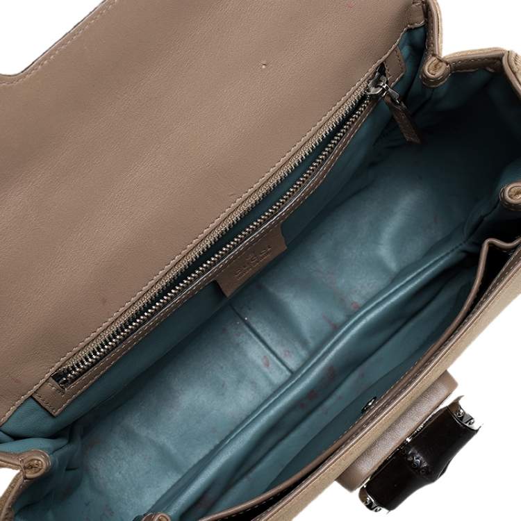 Pre Owned Gucci Gold Satin and Leather Bamboo Top Handle Bag