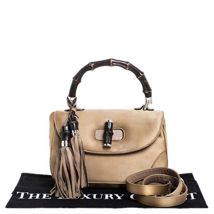 Pre Owned Gucci Gold Satin and Leather Bamboo Top Handle Bag
