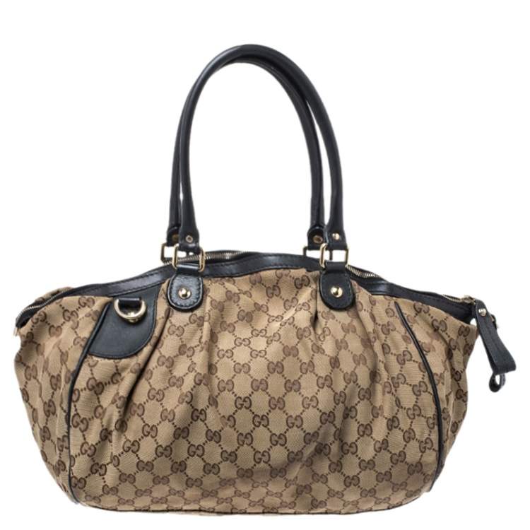 Pre Owned Gucci Beige GG Canvas and Leather Medium Sukey Boston Bag