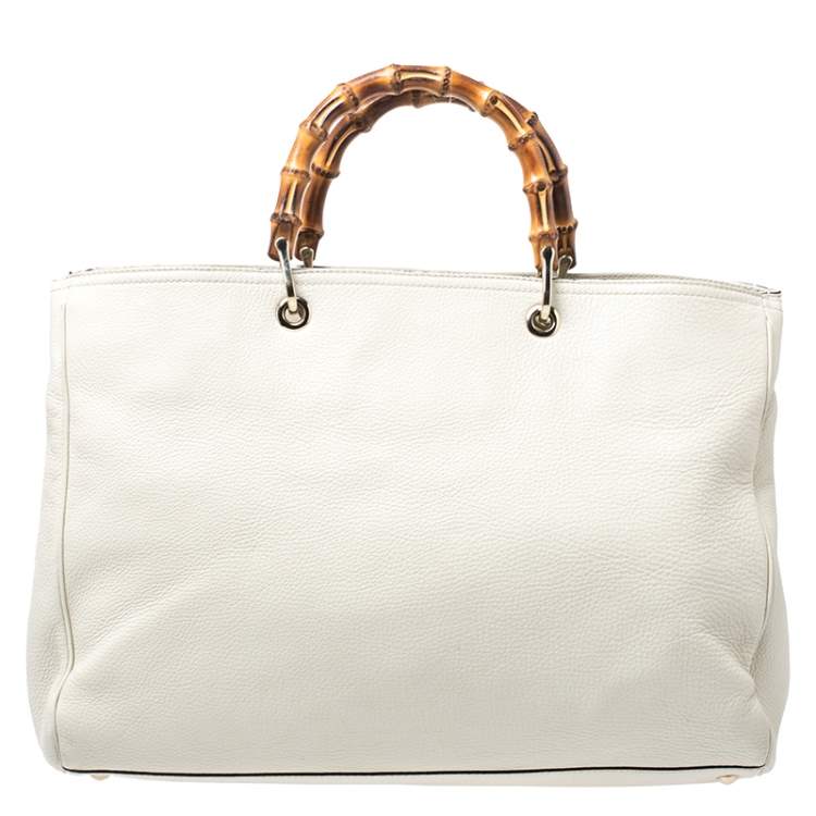 Pre Owned Gucci Ivory Leather Bamboo Large Shopper Tote 