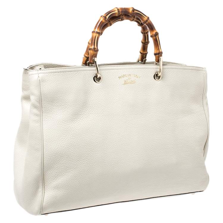 Pre Owned Gucci Ivory Leather Bamboo Large Shopper Tote 