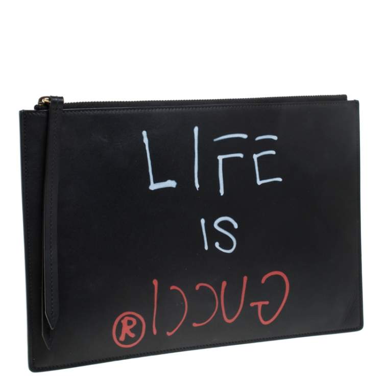 Pre Owned Gucci Black Leather Ghost Zip Pouch