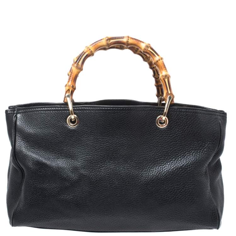 Pre Owned Gucci Black Leather Medium Bamboo Shopper Tote