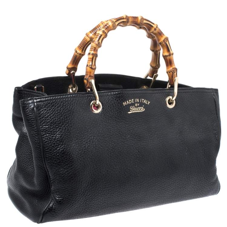Pre Owned Gucci Black Leather Medium Bamboo Shopper Tote