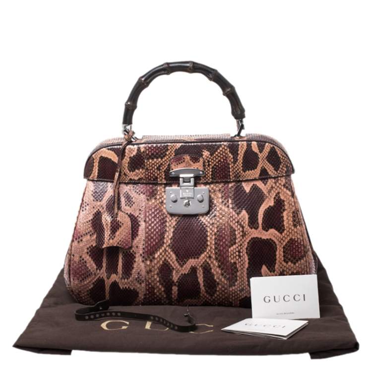 Pre Owned Gucci Burgundy/Pink Python Lady Lock Bamboo Top Handle Bag