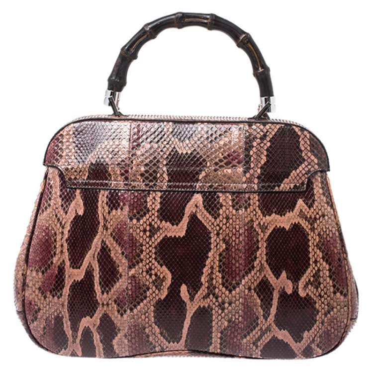Pre Owned Gucci Burgundy/Pink Python Lady Lock Bamboo Top Handle Bag
