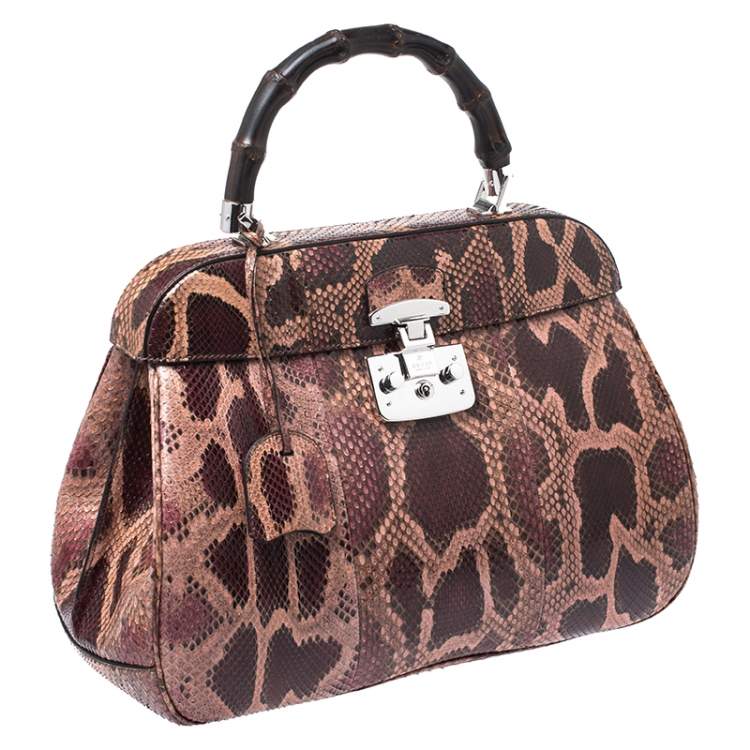 Pre Owned Gucci Burgundy/Pink Python Lady Lock Bamboo Top Handle Bag