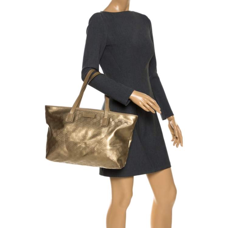 Pre Owned Gucci Gold GG Imprime Canvas and Leather Shopper Tote