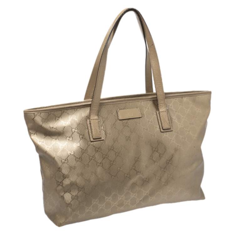 Pre Owned Gucci Gold GG Imprime Canvas and Leather Shopper Tote