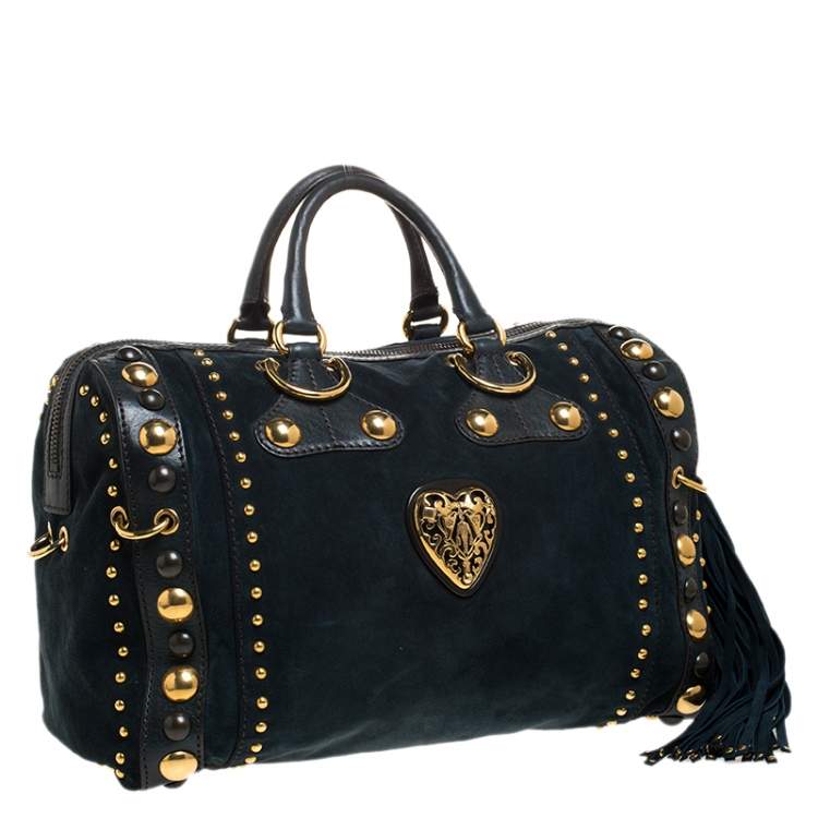 Pre Owned Gucci Dark Green Suede and Leather Large Babouska Indy Boston Bag