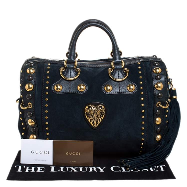 Pre Owned Gucci Dark Green Suede and Leather Large Babouska Indy Boston Bag