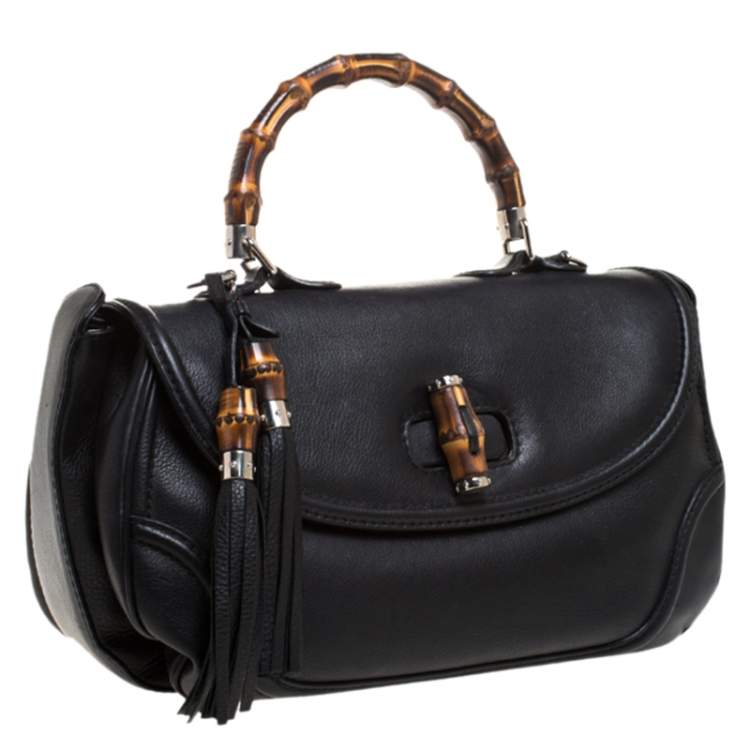 Pre Owned Gucci Black Leather Large New Bamboo Tassel Top Handle Bag 