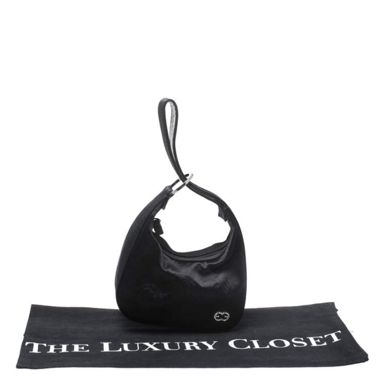 Pre Owned Escada Black Satin Crystal Logo Embellished Bag
