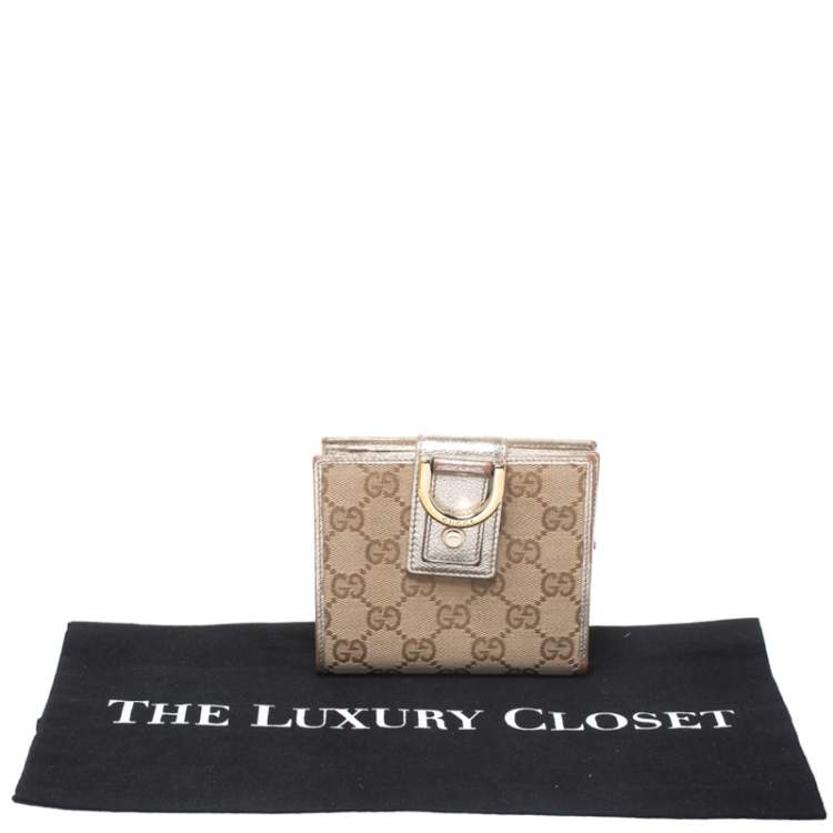 Pre Owned Gucci Beige/Metallic Gold GG Canvas Abbey D Ring Compact Wallet